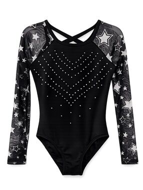 Justice Dance Gym Black Rhinestone Star Mesh Leotard Kids Large 12/14